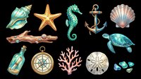 Nautical ocean elements collection featuring starfish, seahorse, sea turtle, anchor, shells, compass, coral, driftwood, message bottle, and sand dollars isolated on transparent background. Ready for t-shirt designs, clipart, stickers, sublimation, and print-on-demand projects.