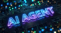 Futuristic AI agent neon text glowing on digital circuit board background with bokeh lights for technology and artificial intelligence concepts.