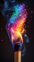 Burning match with magical multicolored sparkles and smoke effect against black background, creating rainbow spectrum of glowing particles and bokeh lights.