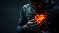 Glowing red heart shape with magical sparks emerging from person's hands against dark background, creating mystical romantic atmosphere and emotional concept.