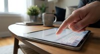 Person using tablet computer with finger touching screen in modern home office workspace with coffee mug and plant on wooden table for digital technology.