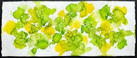 Fresh green and yellow watercolor paint splatters creating organic abstract art composition on white textured paper background for creative design projects.