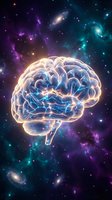 Glowing human brain with electric neural networks against cosmic space background with stars and galaxies for neuroscience and artificial intelligence concepts.