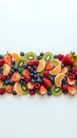 Fresh mixed berries and fruit slices arranged on white background for healthy eating and nutrition concepts.