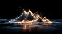 Glowing mountain range reflection on dark water surface with sparkles and light trails creating magical landscape effect against black background.