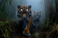 Majestic tigers walking through misty bamboo forest at dawn, orange and white Bengal tigers in natural habitat with atmospheric fog.
