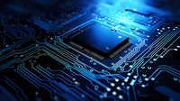 Glowing blue circuit board with central processor chip, electronic pathways and connections illuminated against dark background. Modern technology concept.