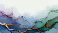 Abstract watercolor landscape with flowing organic shapes in blue, purple and teal tones with golden metallic accents for modern interior design.