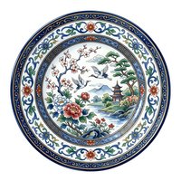 Decorative porcelain plate with traditional Asian landscape design featuring pagoda, flowering branches, and ornamental blue border with floral motifs. Suitable for home decor, tableware design, and cultural artwork projects.