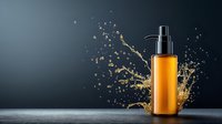 Cosmetic bottle with dynamic amber liquid splash against dark background, showcasing skincare product with dramatic water drops and motion effect.