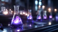 Laboratory flask with glowing purple liquid on dark surface with bokeh lights creating mystical science atmosphere for research concepts.