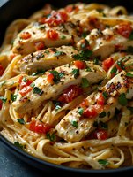 Grilled chicken breast slices with pasta, cherry tomatoes and fresh herbs in creamy sauce. Homemade Italian cuisine dinner meal for restaurant menu design.