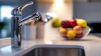 Modern chrome faucet in contemporary kitchen interior with blurred fruit bowl background, selective focus on minimalist tap design for home renovation.