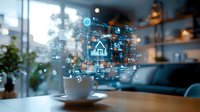 Smart home automation concept with glowing blue icons and symbols floating above coffee cup in modern living room interior with connected devices.