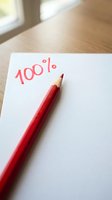 Red pencil on white paper with 100 percent written in red, wooden desk background, academic achievement and success concept for education materials.