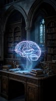 Glowing neon brain hologram floating above wooden desk in gothic library with arched windows, bookshelves, and candlesticks, representing artificial intelligence and knowledge.
