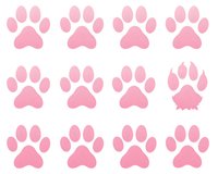 Pink dog or cat paw prints arranged in rows on white background, isolated design element for pet-related projects and merchandise.