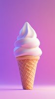Soft serve ice cream cone with white swirl on vibrant purple pink gradient background for summer dessert and food concepts.