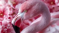 Pink flamingo portrait with soft pink cherry blossom background, showing detailed feathers and curved beak in dreamy spring atmosphere. Nature and wildlife concept.