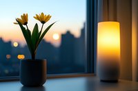 Yellow tulips in black vase on windowsill with warm lamp light and city sunset view creating cozy home interior atmosphere for relaxation and comfort.