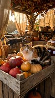 Adorable tabby cat sitting among colorful pumpkins and gourds in rustic autumn harvest display with warm golden sunlight filtering through pergola.