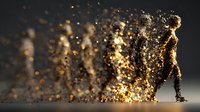 Silhouette of running figure dissolving into golden particles against dark background, dramatic motion effect with glowing dust and light trails.