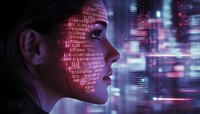 Digital code projection on Asian woman face profile with futuristic city background in purple and pink neon lights, representing artificial intelligence.
