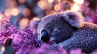 Adorable koala sleeping peacefully among purple lavender flowers with dreamy bokeh lights creating magical atmosphere for relaxation and nature themes.