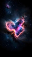 Vibrant cosmic nebula with swirling pink and blue gases forming heart-shaped celestial formation against dark space background with scattered stars and distant galaxies.
