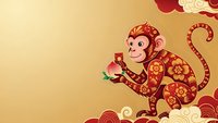 Decorative monkey with floral patterns holding rose on golden background with ornamental clouds for Chinese New Year celebration and festive design projects.