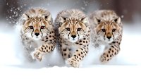 Three majestic cheetahs running through snow, front view action shot showing spotted coat patterns and determined expressions against white winter background.
