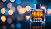 Luxury amber perfume bottle with elegant glass design on reflective surface against bokeh lights background for premium fragrance advertising.