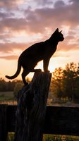 Cat silhouette sitting on wooden fence post against dramatic sunset sky with orange and purple clouds in rural countryside setting.