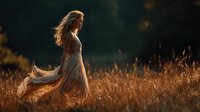Young blonde woman in flowing white dress walking through golden wheat field at sunset with warm backlighting creating dreamy atmospheric mood for lifestyle content.
