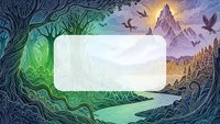 Fantasy landscape frame with mystical tree, mountains and birds creating magical border for text or design elements.