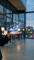 Businessman hand displaying holographic financial growth charts and data analytics in modern office with city skyline view at dusk for business presentations.