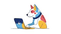 Colorful cartoon dog character working on laptop computer in modern flat design style isolated on white background for digital marketing content.