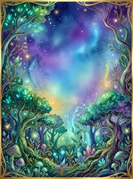 Enchanted forest landscape with glowing trees, magical plants, and starry night sky framed by ornate golden border, suitable for fantasy art, book covers, and mystical designs.