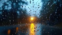 Raindrops on window glass with blurred street light creating bokeh effect at dusk, moody atmospheric scene with water droplets reflecting golden glow.