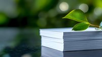 Fresh green leaf resting on stack of white paper sheets against blurred natural background with bokeh lights, symbolizing eco-friendly business concept.