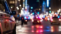 Night city street with car and blurred traffic lights creating bokeh effect. Urban transportation and automotive concept for modern lifestyle designs.