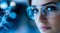 Young female scientist in protective eyewear examining DNA molecule hologram in blue light. Modern biotechnology and genetic research concept.