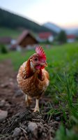 Brown chicken with red comb standing on soil in mountain farm setting at dusk, close-up portrait with blurred alpine houses and meadows in background.
