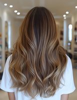 Luxurious wavy brown hair with blonde balayage highlights shown from behind in salon setting. Professional hair coloring demonstrates modern gradient technique.