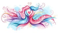 Watercolor swans forming heart shape with flowing feathers in pink blue purple hues on white background isolated for romantic design projects.