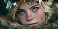 Young woman with striking blue eyes and freckles wearing floral crown, peeking through foliage. Natural beauty portrait for fashion, lifestyle, or cosmetic advertising.