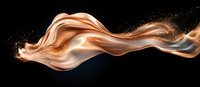 Luxurious copper and gold flowing silk fabric with glitter particles floating in dark space, elegant smooth waves creating dynamic movement and light effects.