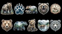 Bear sticker pack with ten designs isolated on transparent background, ready for t-shirt design, print on demand, sublimation, clipart, and stickers.