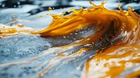 Dynamic amber liquid splash creating wave pattern against gray surface, showcasing fluid motion and droplet formation.