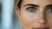Close up portrait of young Caucasian woman with bright blue eyes, natural makeup, and slight smile showing confidence and wellness against blurred background.